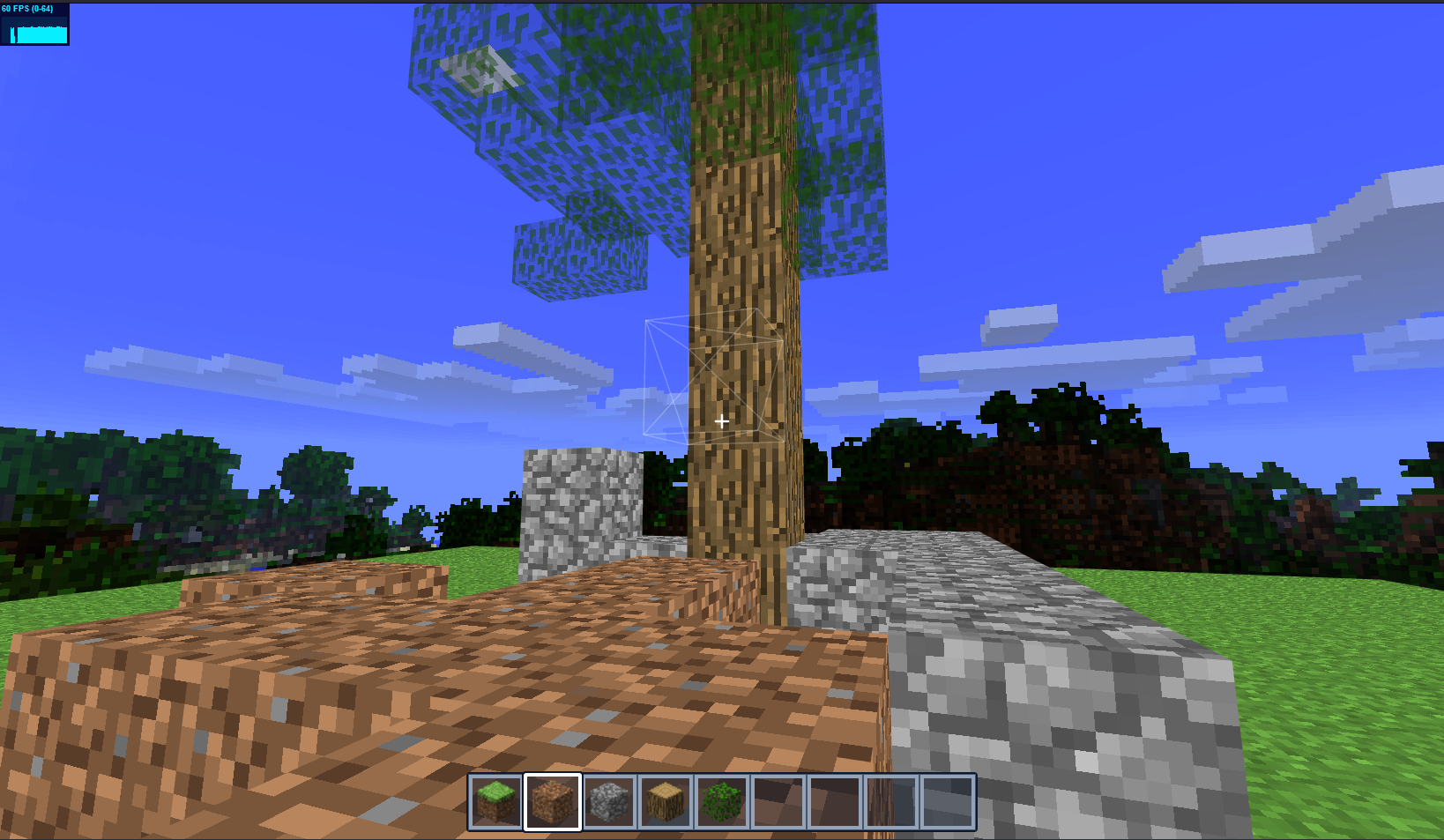 Minecraft clone with a block selector at the bottom containing grass, dirt, cobblestone, wood and leaves block. Then on the screen, there are four grass blocked and two leaves blocked placed. There's also a cube wireframe that indicates the block selector.