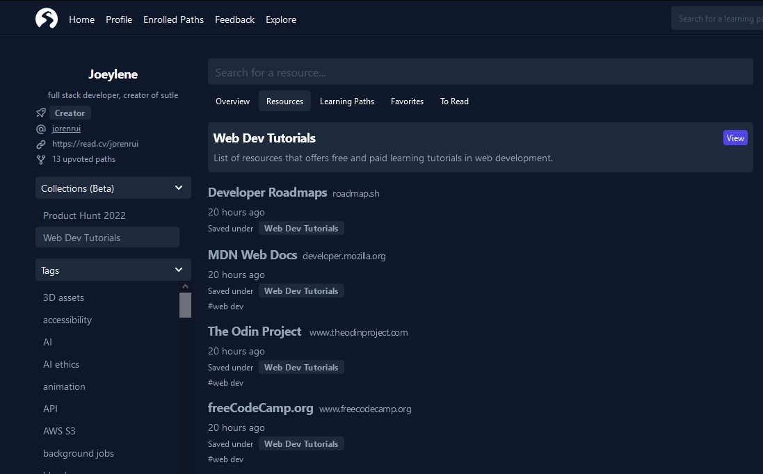Profile Page where the 'Web Dev Tutorials' collection is selected and the resources are filtered by it.