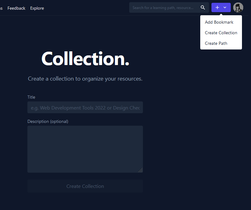 Create Collection Page where it has a title and a description field.