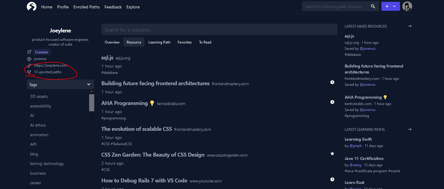 Jorenrui's Sutle Profile with the upvoted paths encircled in red ink.