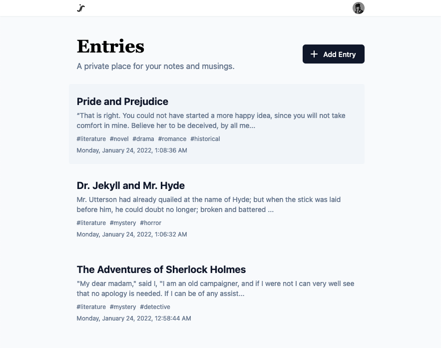 A screenshot of the entries page of dayly. It lists entries with titles of Pride and Prejudice, Dr. Jekyll and Mr. Hyde, and The Adventures of Sherlock Holmes.