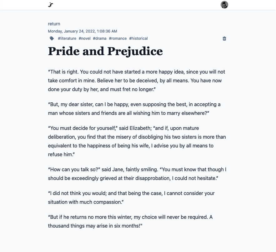 A screenshot of the single entry page of dayly. The opened entry is entitled Pride and Prejudice. It also includes hashtags such as literature, novel, drama, romance, and historical.